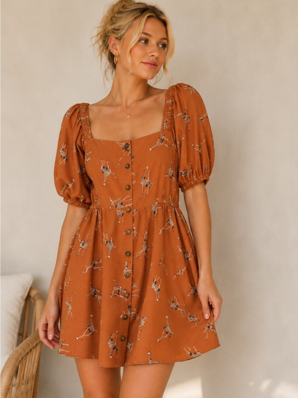 Hutch Giraffe Print Puff Sleeve Mini Dress Safari Boho Button Front 36968